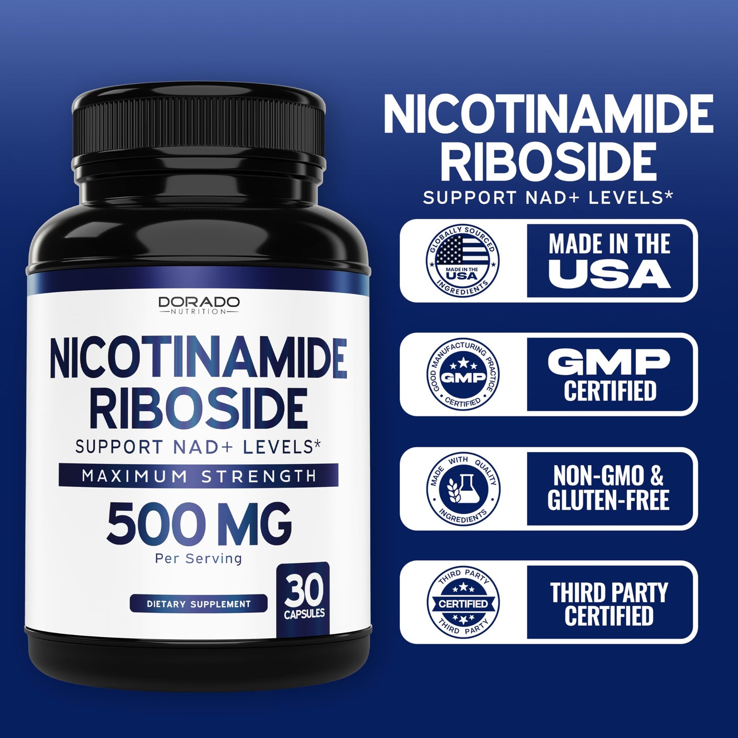 Nicotinamide Riboside 500mg (30 Count) NAD+ Booster โ NR Supplement (USA Made)