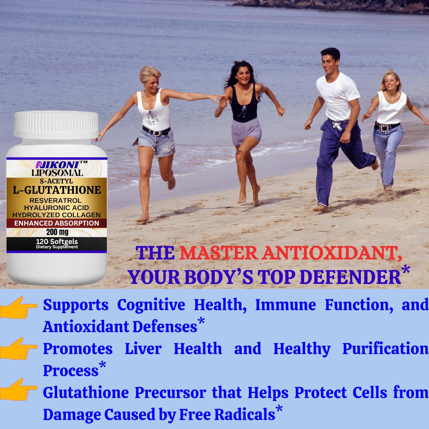 Nikoni Liposomal S-Acetyl L-Glutathione + Resveratrol โ HA & Collagen 500 mg, 120 Softgels
