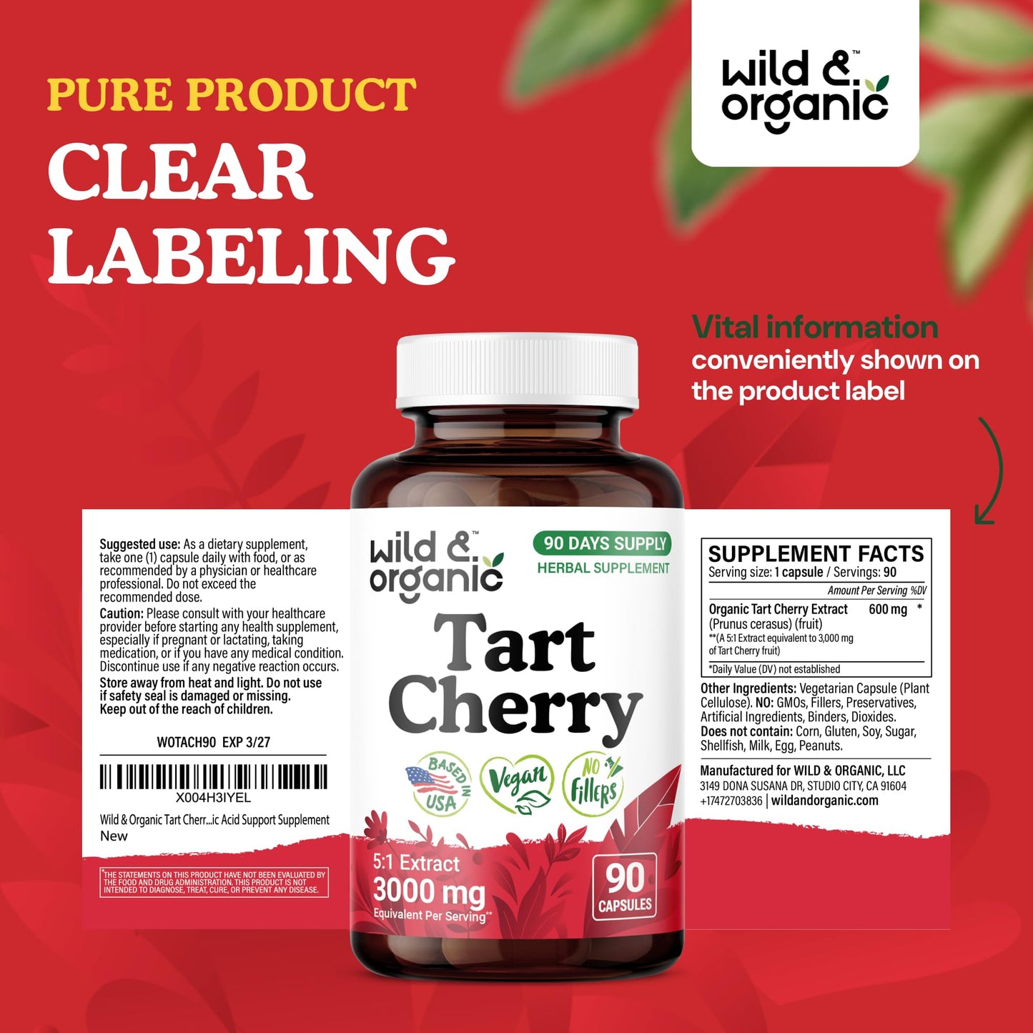 Wild & Organic Tart Cherry Capsules 600 mg – Uric Acid Support – 90 Day Supply – Vegan, Non-GMO