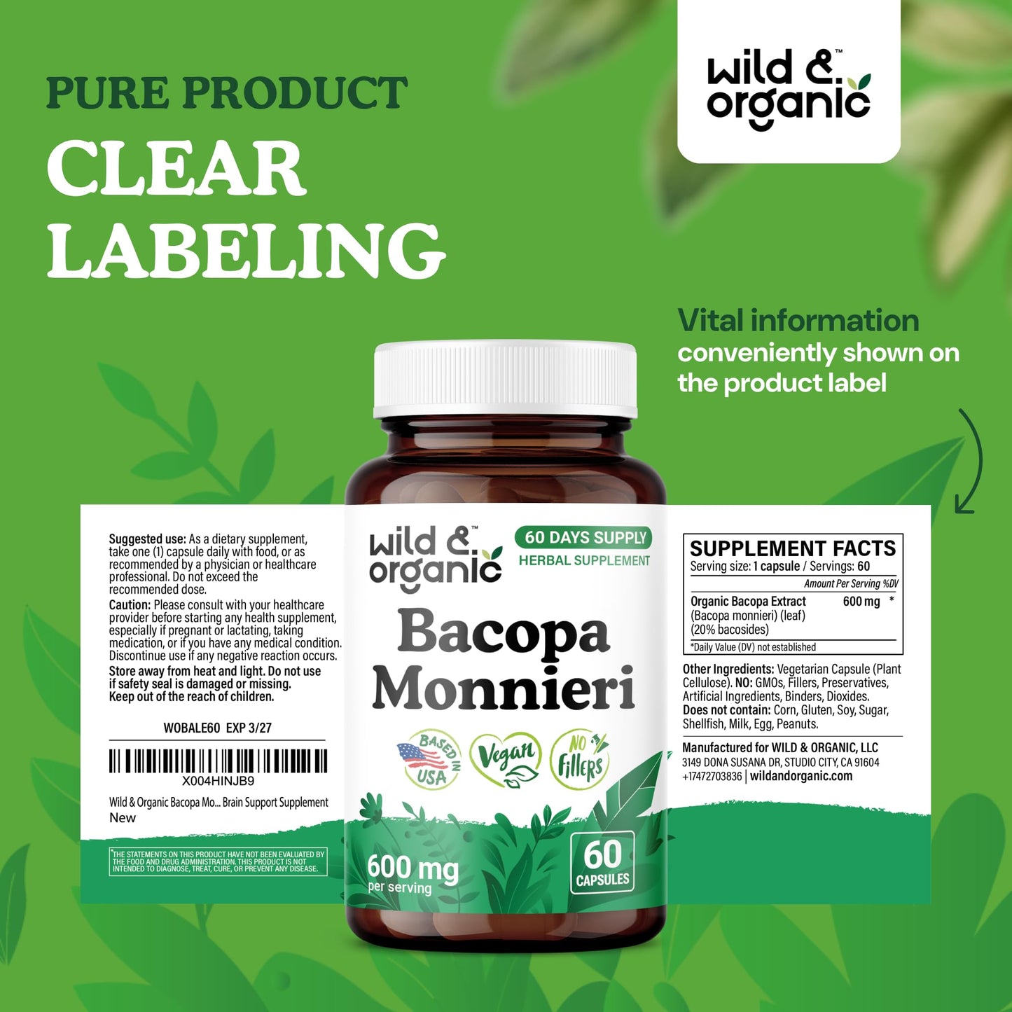 Wild & Organic Bacopa Capsules 600 mg โ Brain Support, Vegan, Non-GMO