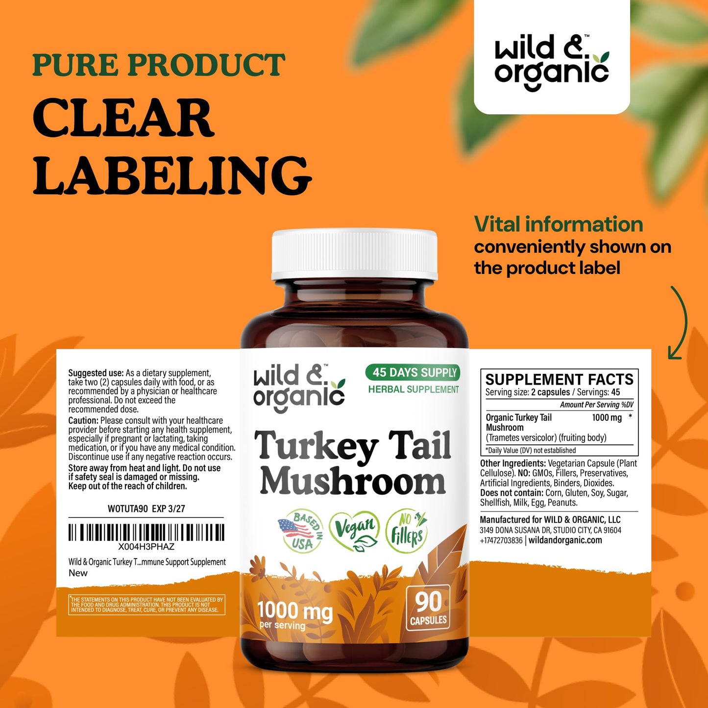 Wild & Organic Turkey Tail Mushroom Capsules 1000 mg โ Immune Support (90 Count) | Vegan, Non-GMO