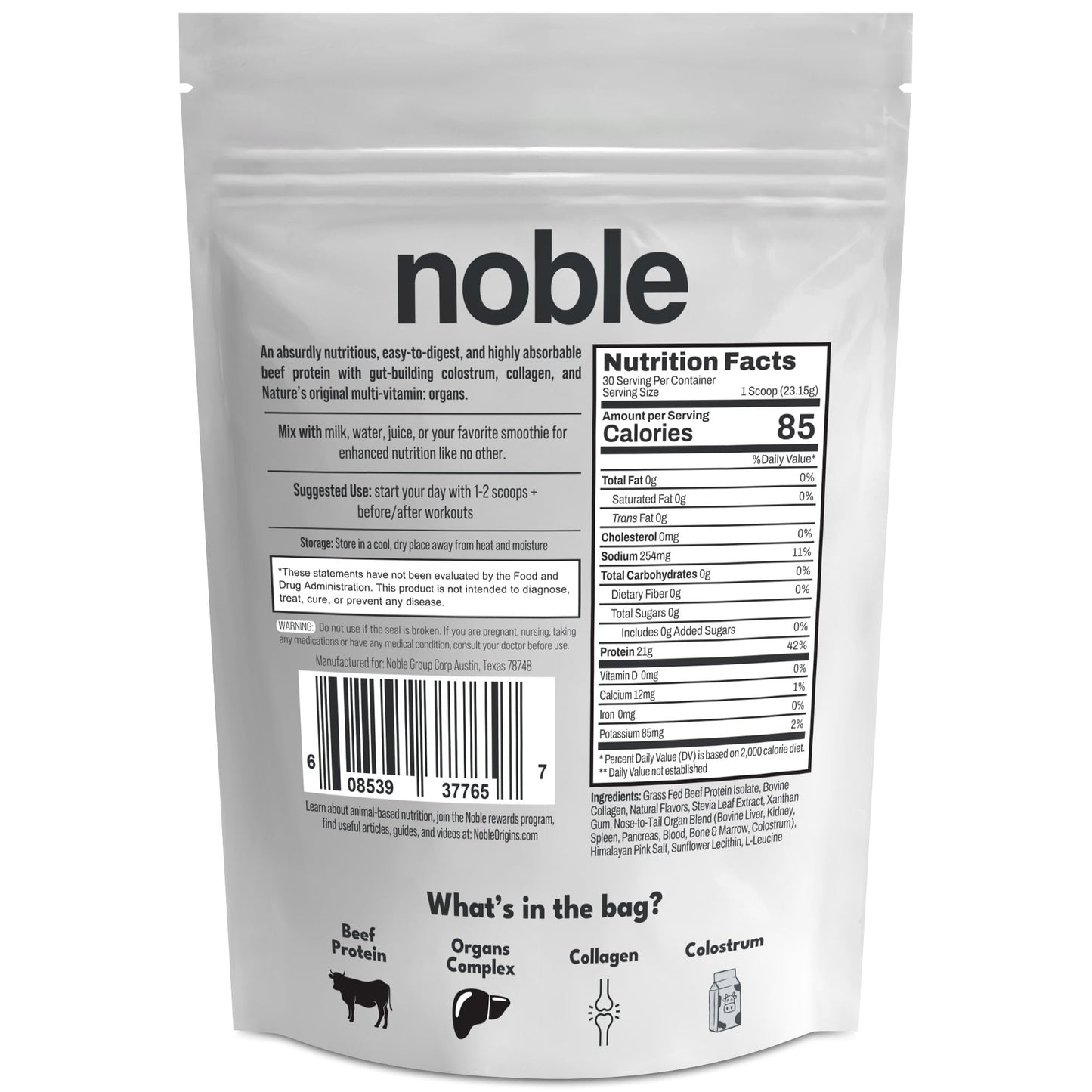 Noble Grass-Fed Beef Protein Powder with Collagen & Colostrum β Vanilla, 30 Servings | Keto & Gluten-Free
