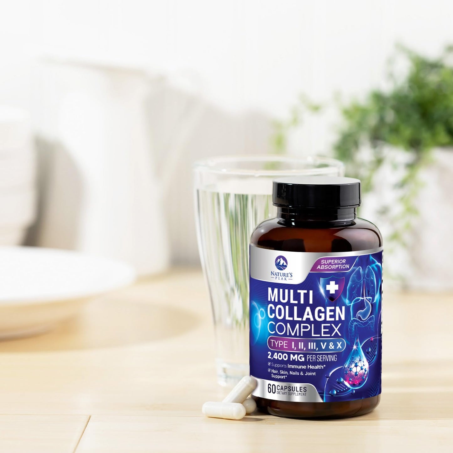 Multi Collagen Peptides โ Hair, Skin, Nails | Types I, II, III, V, X | 60 Capsules