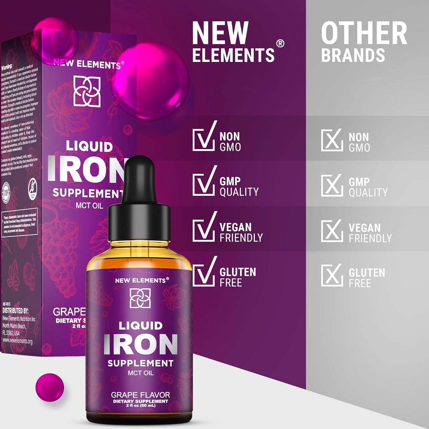Iron Supplement for Women & Men โ Liquid Drops (2oz) with MCT Oil, Natural Grape Flavor, Immune Support