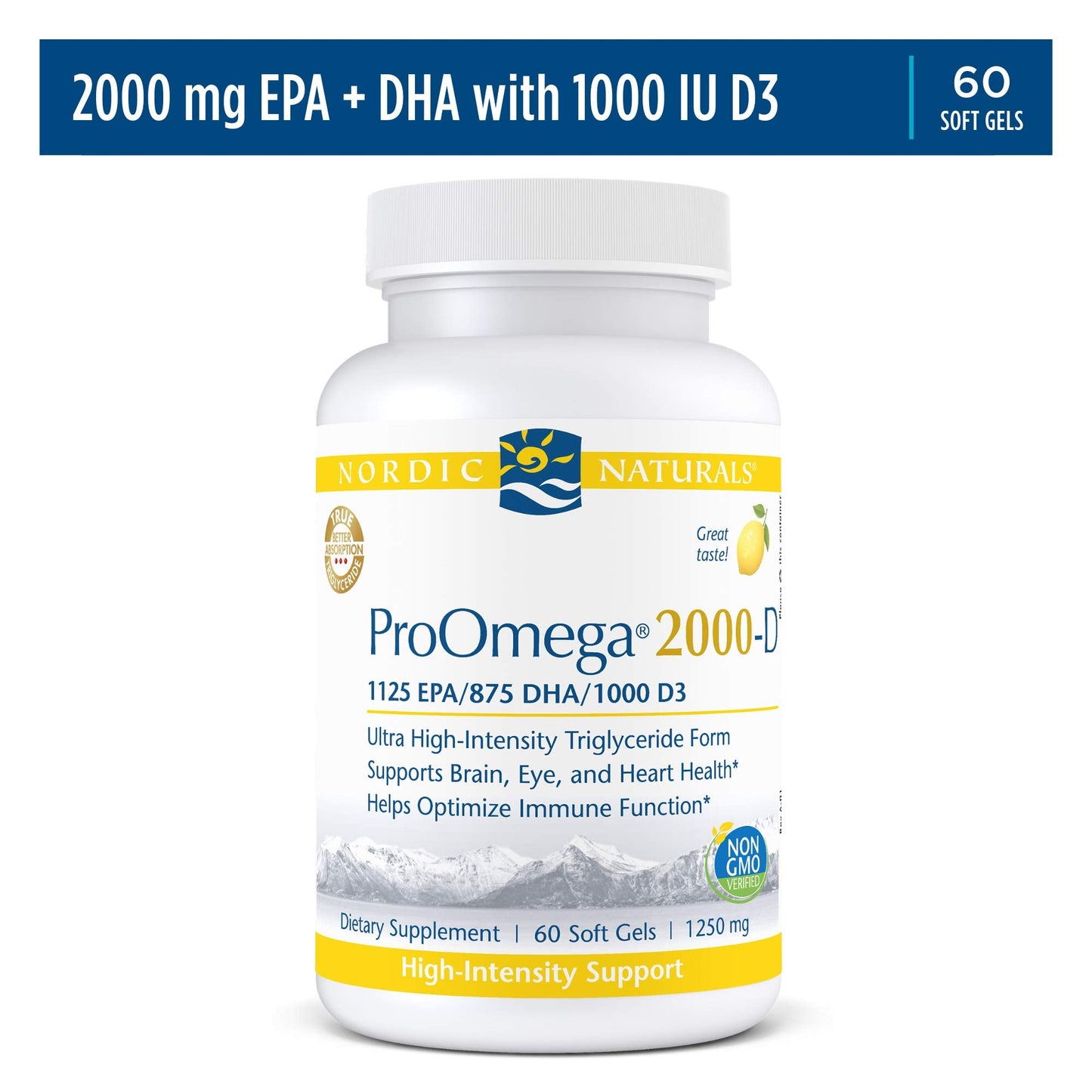 Nordic Naturals ProOmega 2000-D with Vitamin D3 β Lemon Flavor, 60 Soft Gels