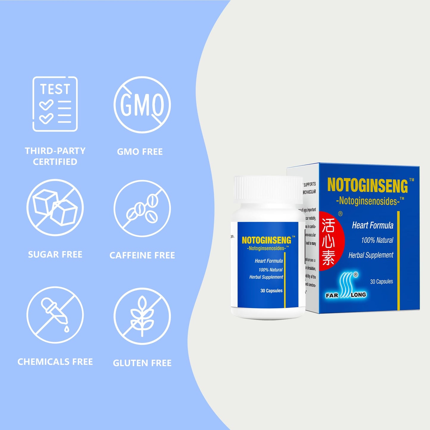NOTOGINSENG ™ – Support Healthy Heart | 100% All-Natural Notoginseng Supplement, 30 Capsules, 90% Notoginsenosides, San Qi | Farlong