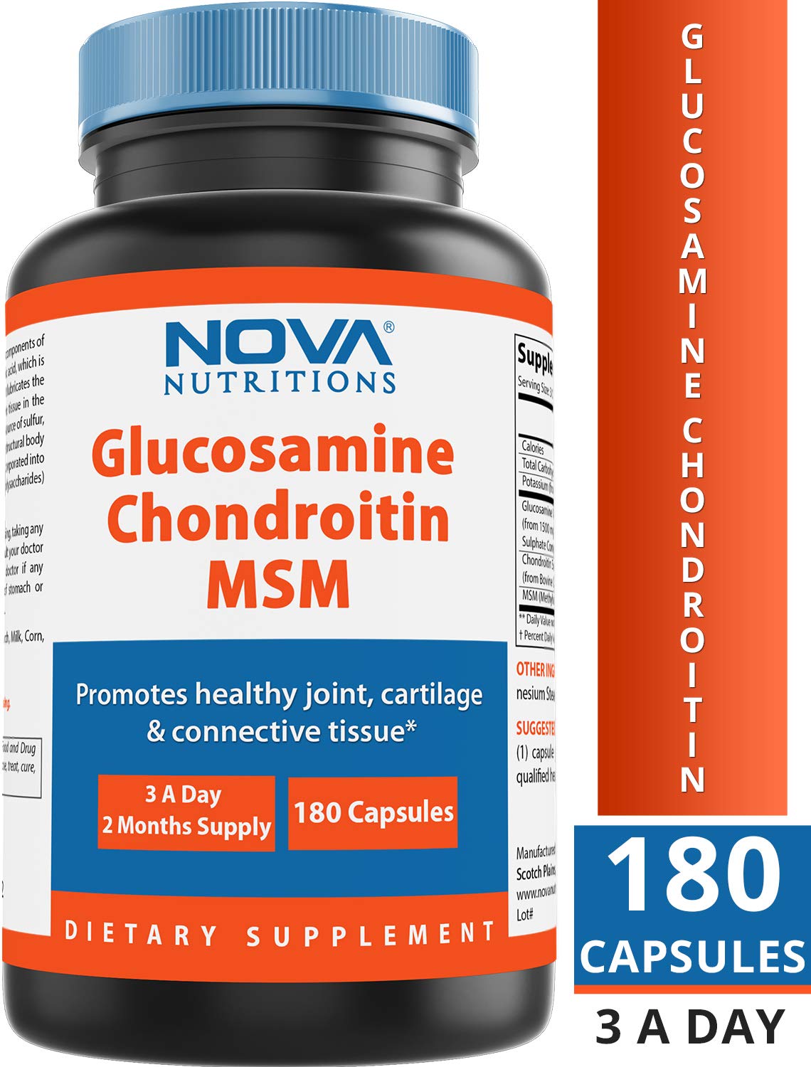 Nova Nutritions Triple Strength Glucosamine Chondroitin MSM 2600mg/Serving โ 180 Count Capsules | Joint Health & Flexibility