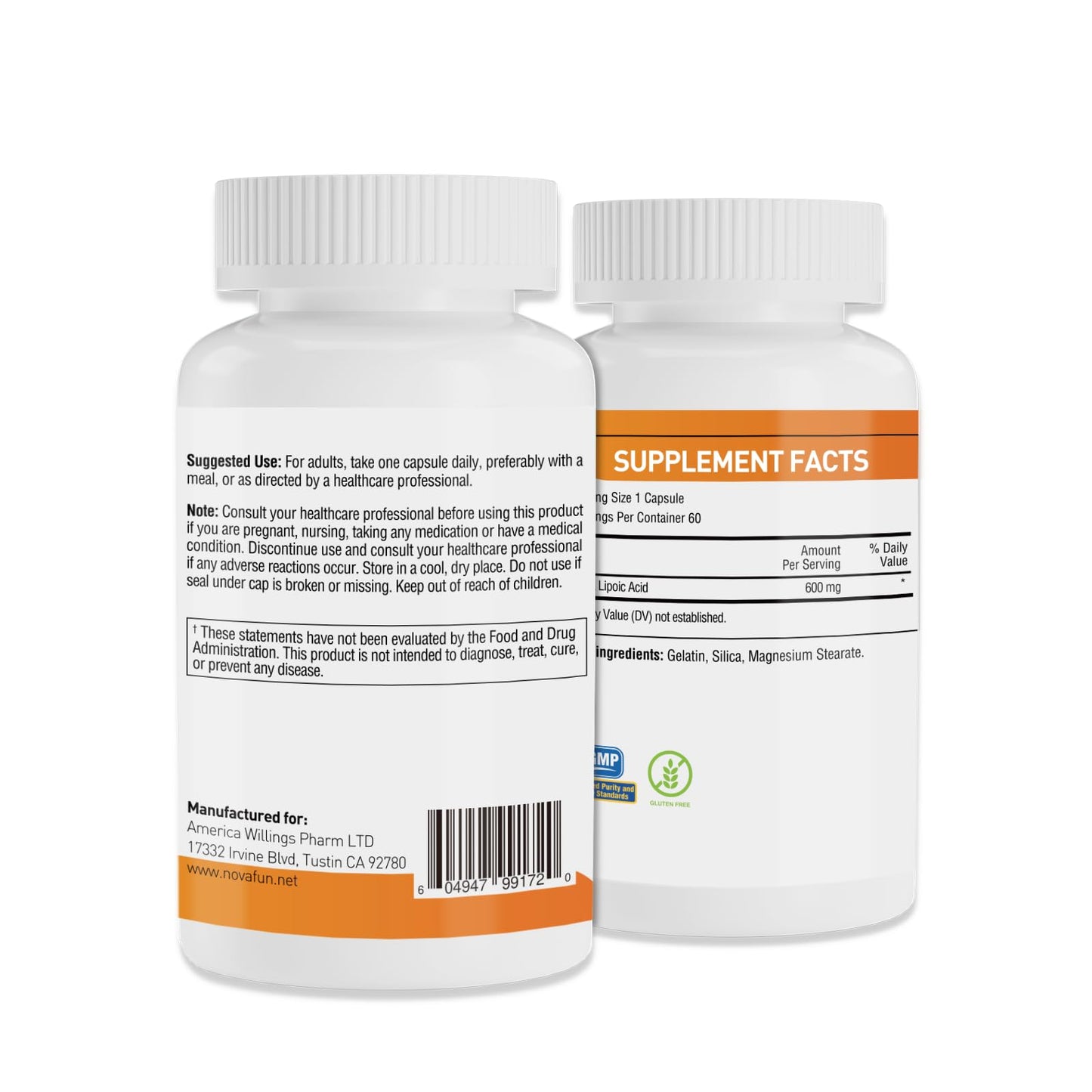 Novafun ALA 600mg Capsules โ Nerve Health & Antioxidant Support (60 Count) | Non-GMO, Gluten Free