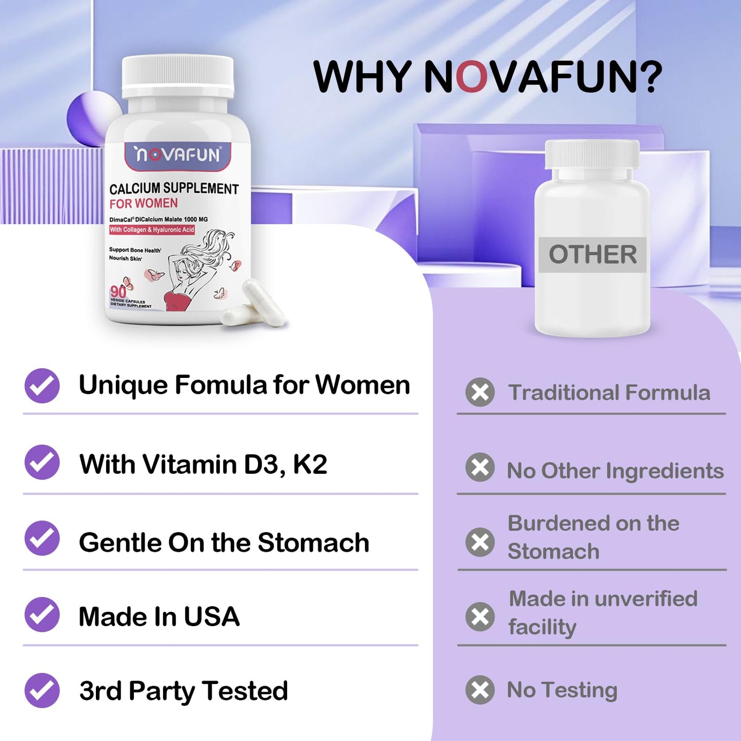 Novafun Calcium 1000mg for Women โ Dicalcium Malate with Vitamin D3, K2, Magnesium, Collagen & Hyaluronic Acid | 90 Veggie Capsules