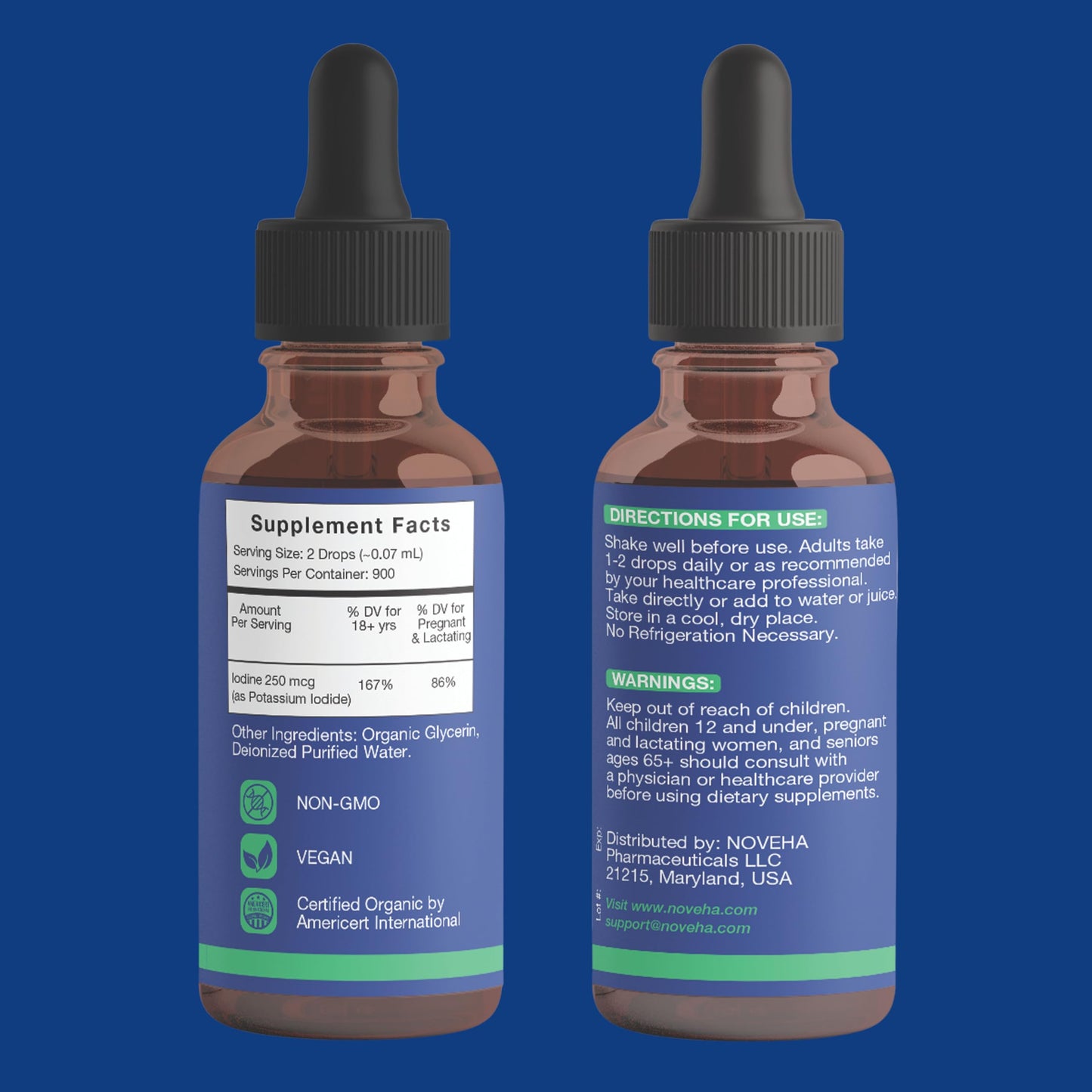 NOVEHA Iodine Drops โ Organic Potassium Iodide, 250 mcg per Serving | Thyroid Support, Vegan & Gluten-Free | 30-Month Supply