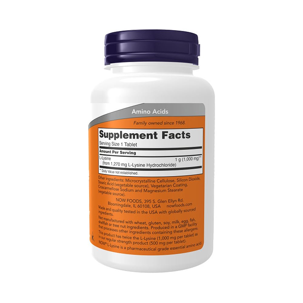 NOW Foods L-Lysine HCl 1000 mg โ Double Strength, 100 Tablets