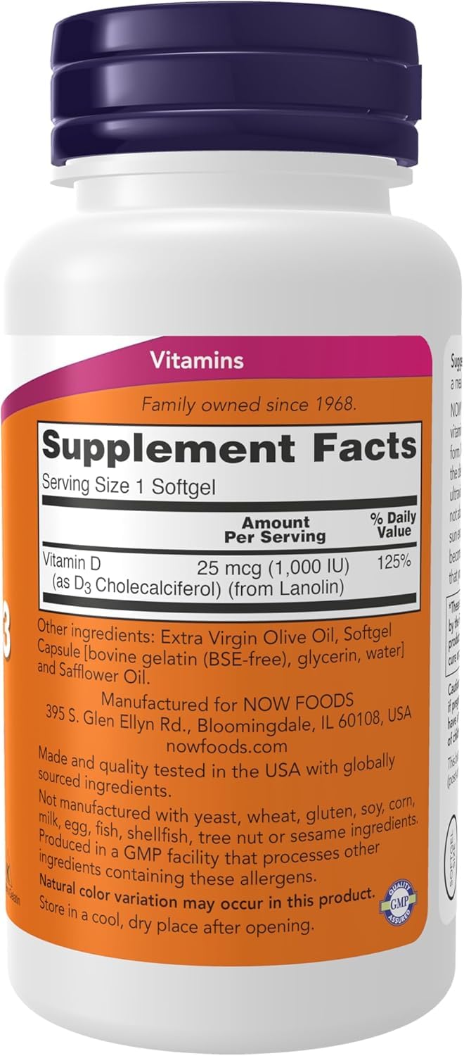 NOW Foods Vitamin D-3 High Potency 1000 IU Softgels โ 180 Count