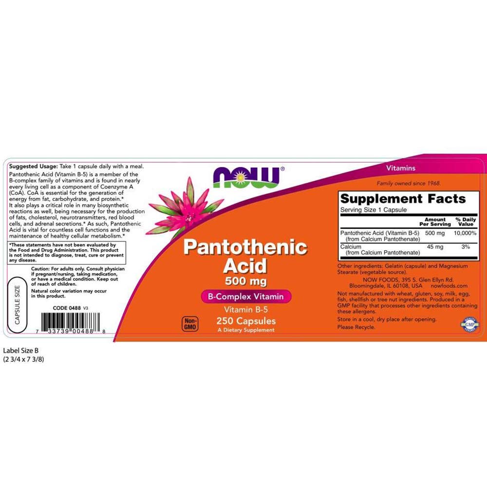 NOW Foods Pantothenic Acid 500 mg β 250 Capsules (3 Pack)
