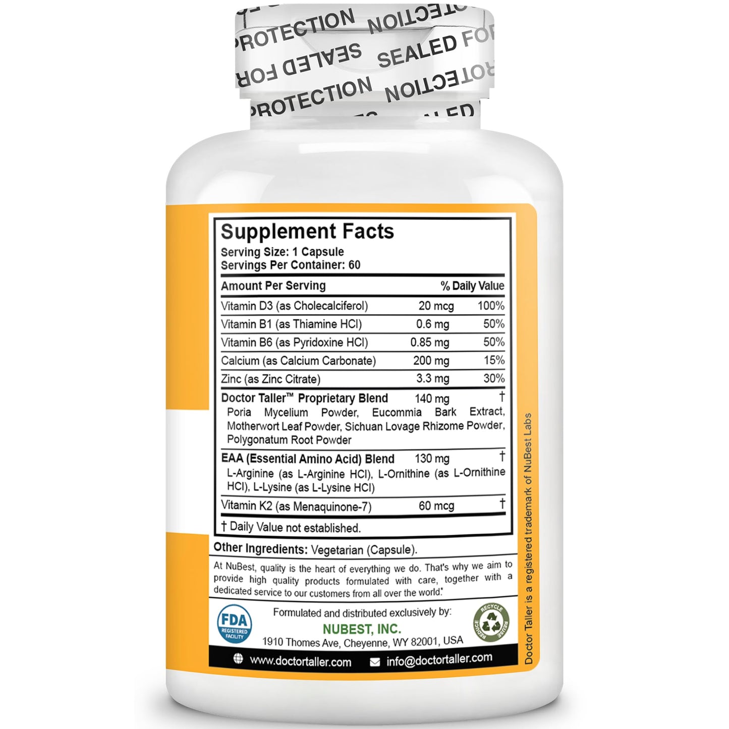 NuBest Doctor Taller Bone Strength Supports for Kids 8+ | Calcium, D3, K2, Amino Acids & Herbal Blend β 60 Vegan Capsules