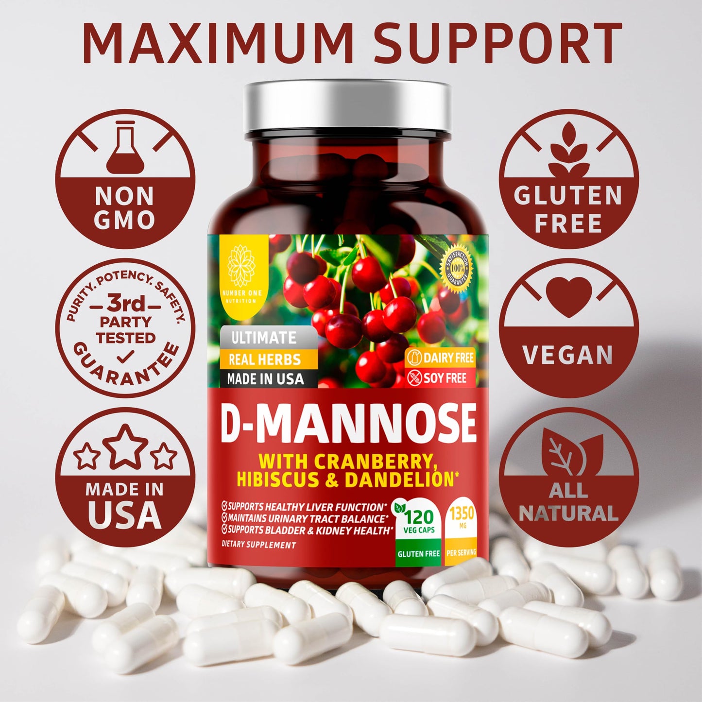 Number One Nutrition D-Mannose 1350mg โ Urinary Tract Health, 120 Count