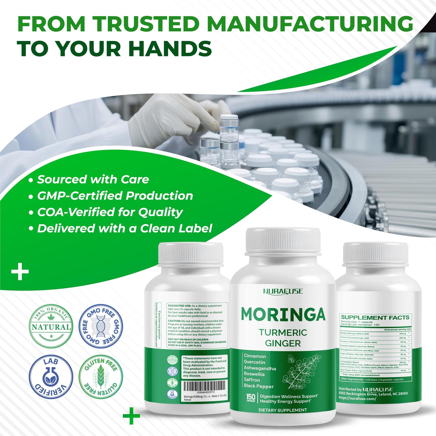 Moringa 12-in-1 Supplement with Turmeric, Quercetin & Cinnamon โ Made in USA | Nurafuse