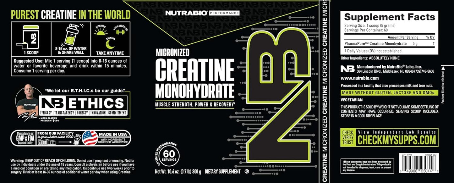 NutraBio Pure Micronized Creatine Monohydrate Powder โ Unflavored (300 g) | Supports Muscle, Energy, Recovery & Strength