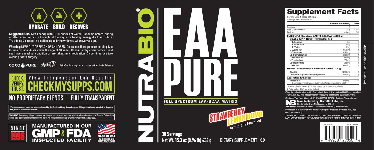 NutraBio EAA Pure โ 9 Amino Acids for Muscle Repair & Recovery | 30 Servings (Strawberry Lemon Bomb)