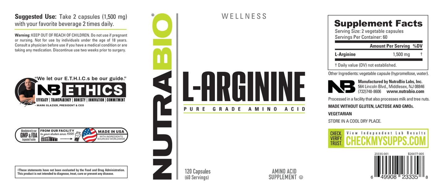 NutraBio L-Arginine 750mg โ Nitric Oxide & Muscle Support (240 capsules)