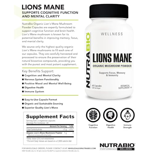 NutraBio Lions Mane Supplement Capsules- Organic Lion's Mane Mushroom Powder (500mg)- Focus, Memory, Immunity - 60 Vegetable Capsules (Pack of 2)