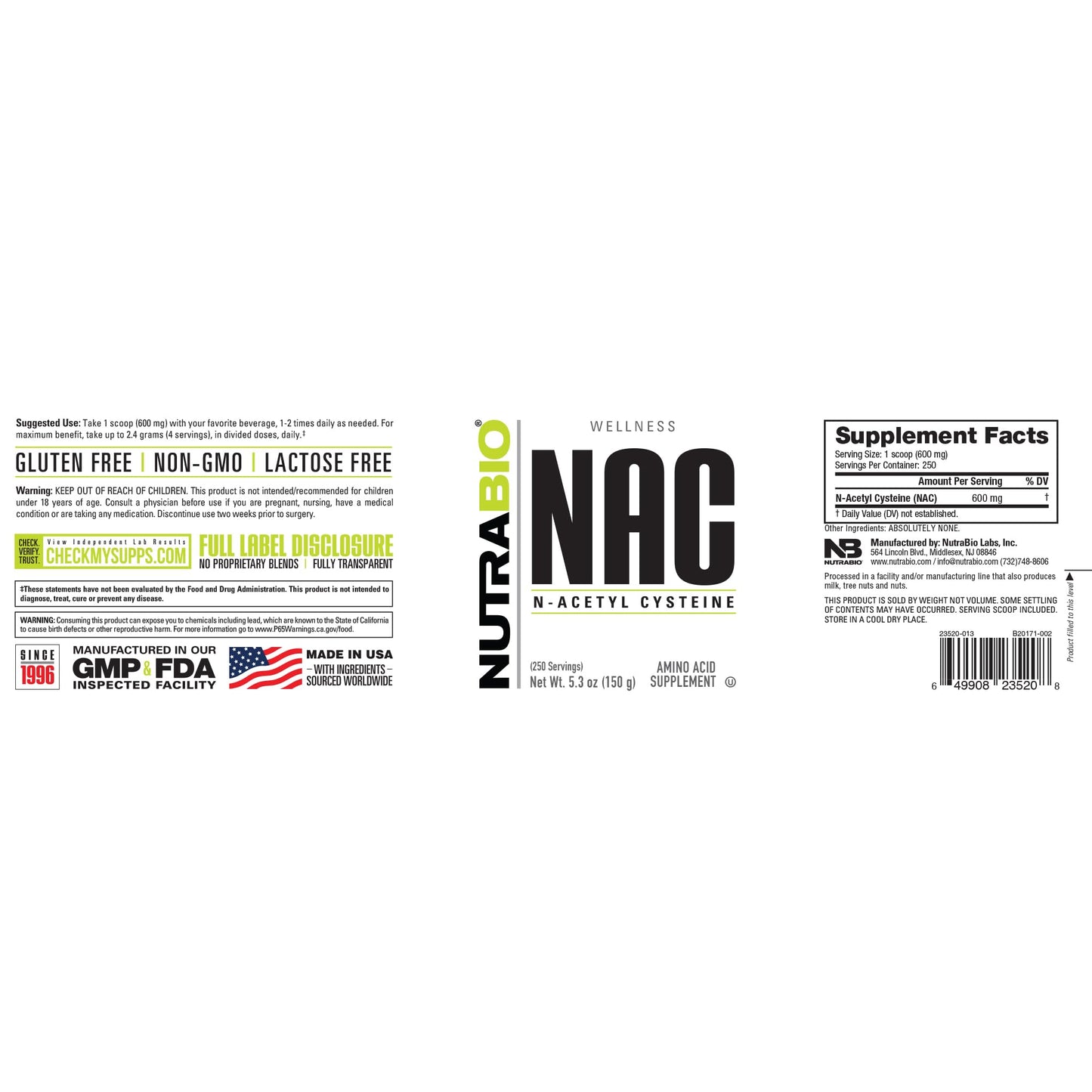 NutraBio N-Acetyl Cysteine (NAC) Supplement โ 150g Powder, 600mg Serving โ Immune Support & Antioxidant
