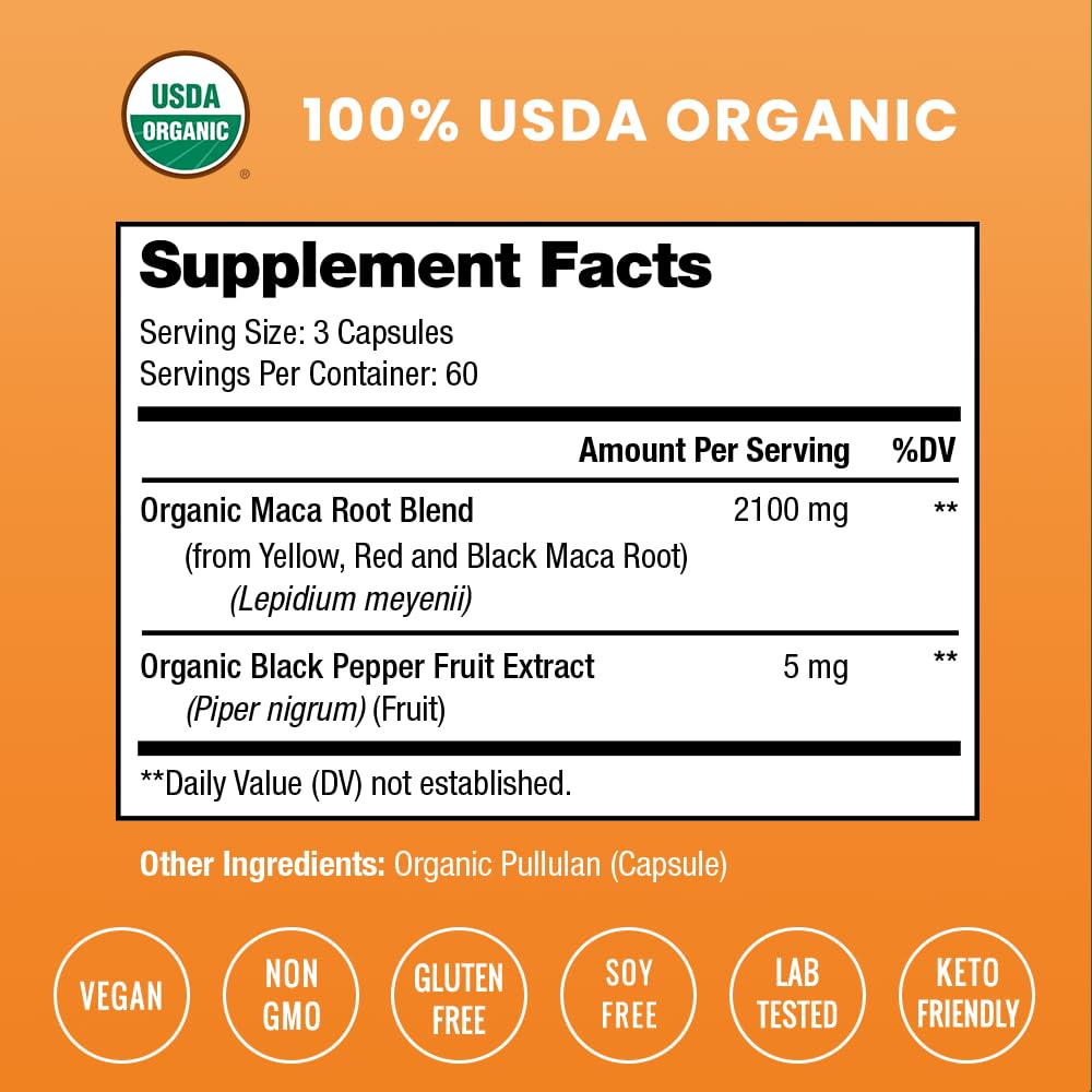 NutraChamps USDA Organic Maca Root Capsules โ 2100mg, 180 Count
