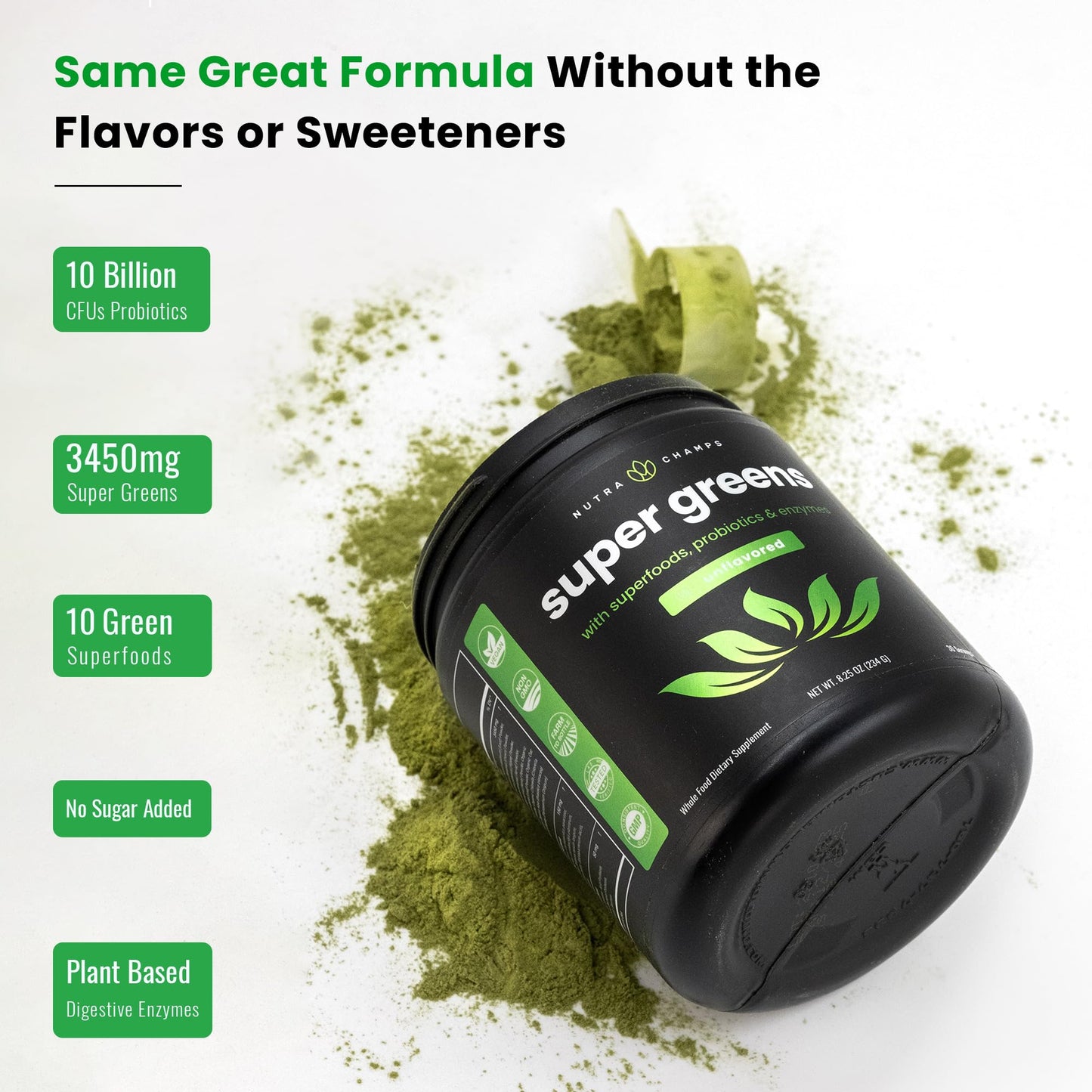 NutraChamps Super Greens Powder โ Premium 9.0 oz Unflavored | 20+ Organic Greens, Spirulina & Chlorella