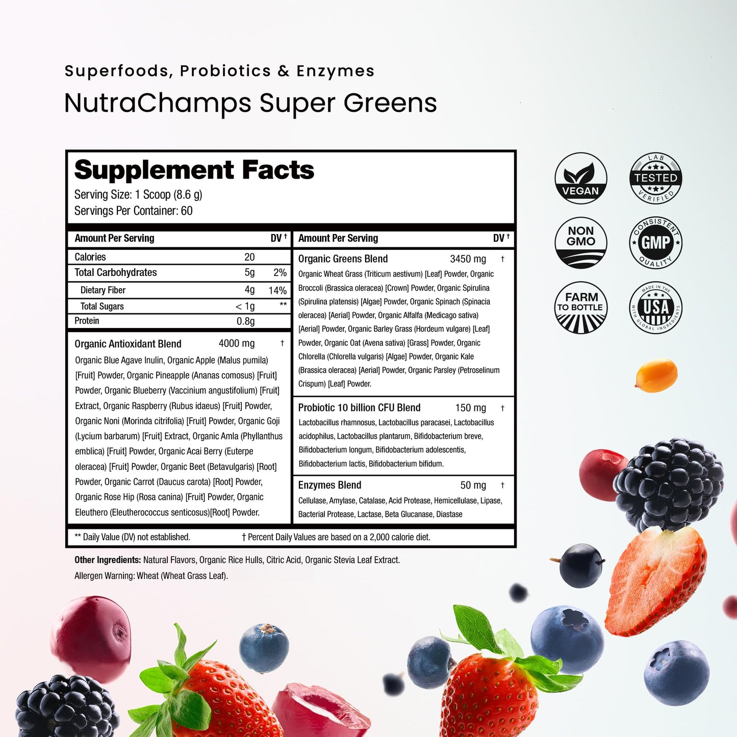 NutraChamps Super Greens Powder Berry 9.0 oz โ Premium Organic Green Superfood with Probiotics