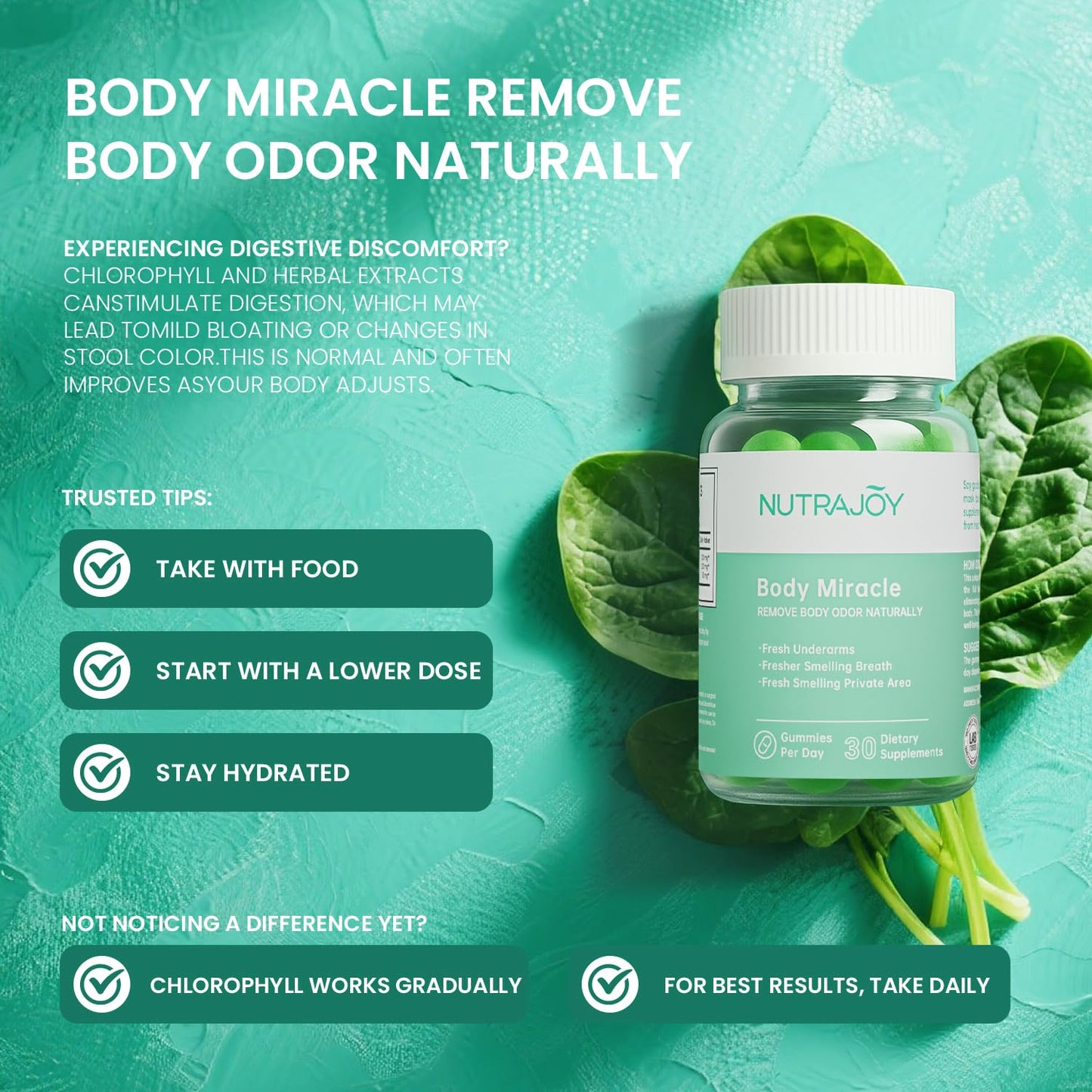 NUTRAJOY Chlorophyll Gummies โ Body Odor Eliminator for Women & Men, Digestion Health, Vegan Sugar Free, 30 Gummies
