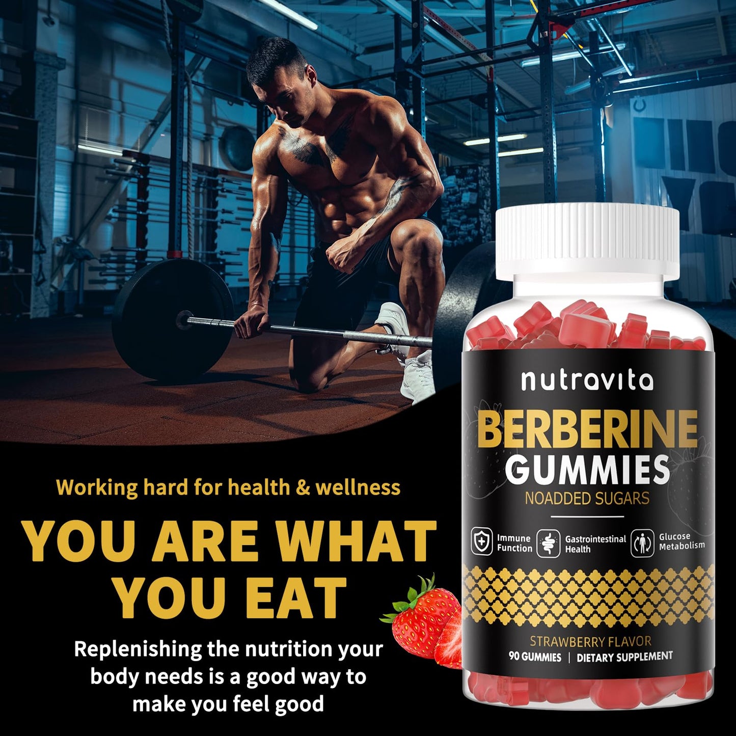 Nutravita Berberine Gummies 1500mg with Ceylon Cinnamon โ Sugar Free Strawberry (2-Pack)