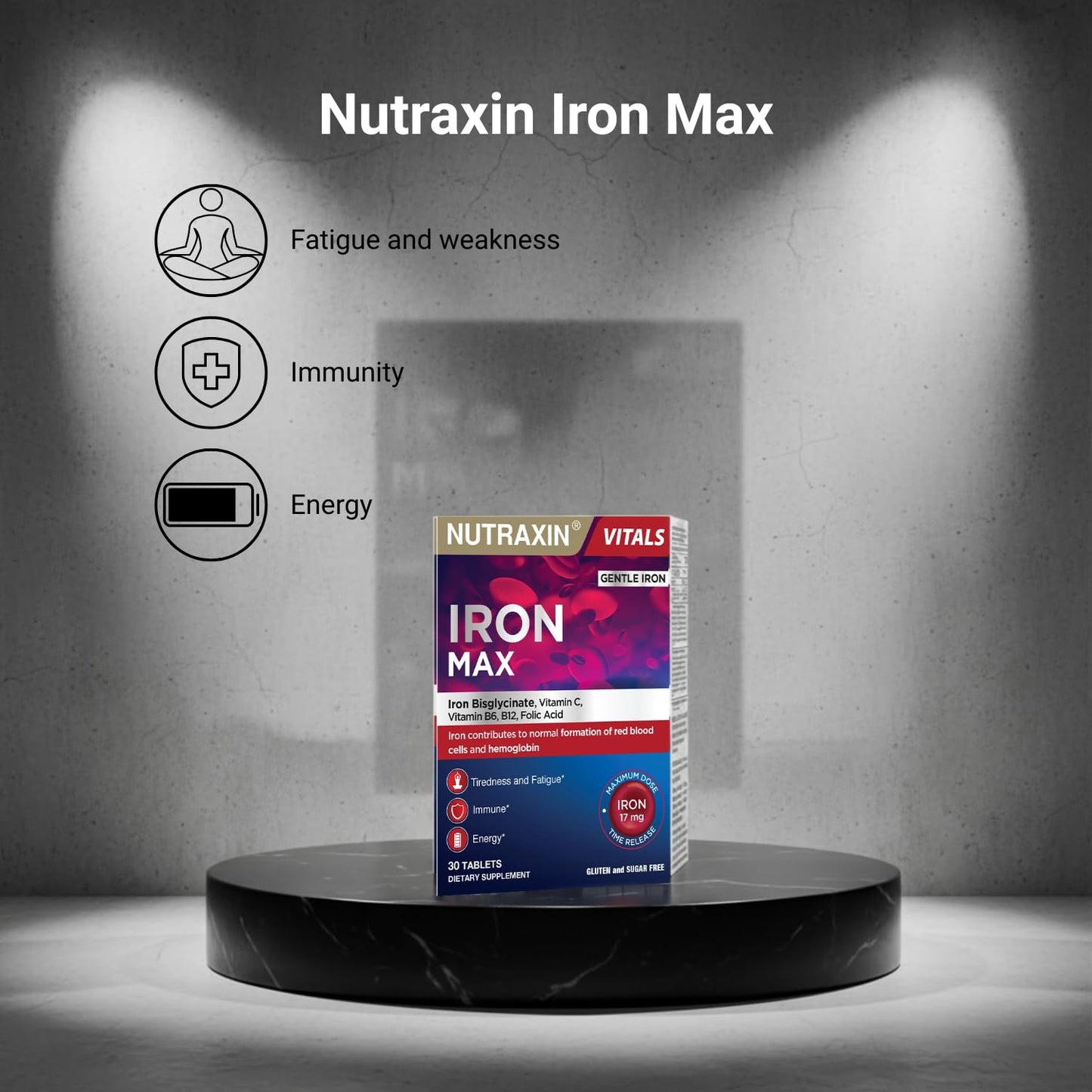 Nutraxin Iron Max 17mg โ 30 Tablets with Iron Bisglycinate & Vitamin C