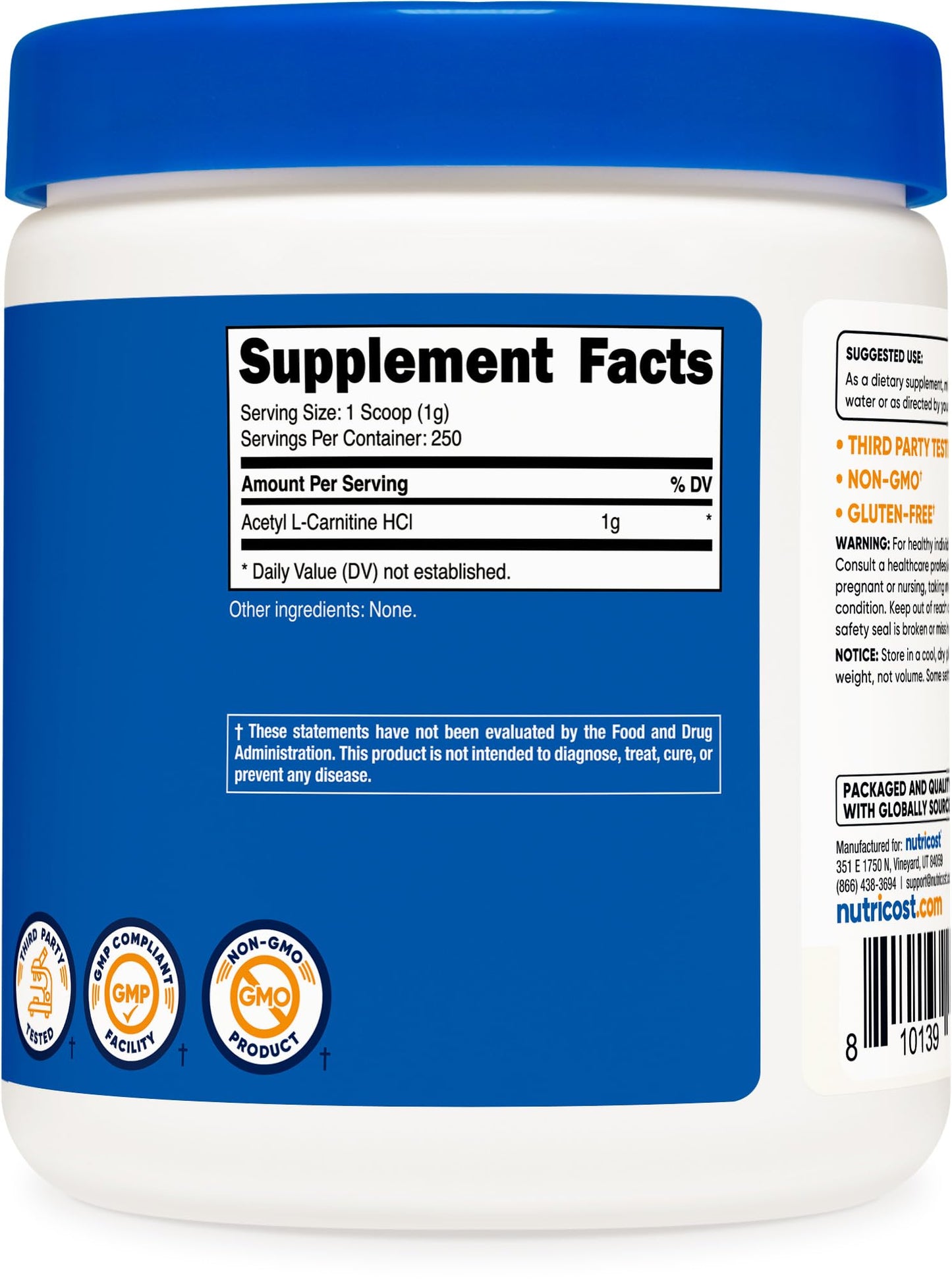 Nutricost Acetyl L-Carnitine (ALCAR) Powder โ 250 g | 1 g Per Serving | 250 Servings
