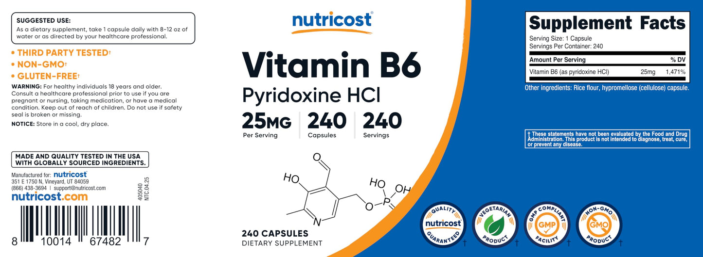 Nutricost Vitamin B6 25mg (Pyridoxine HCl) โ 240 Capsules | Non-GMO, Gluten Free, Vegetarian