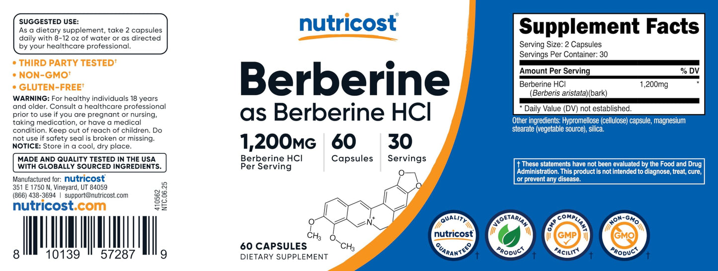 Nutricost Berberine HCl 1200mg | 60 Vegetarian Capsules | Gluten Free & Non-GMO