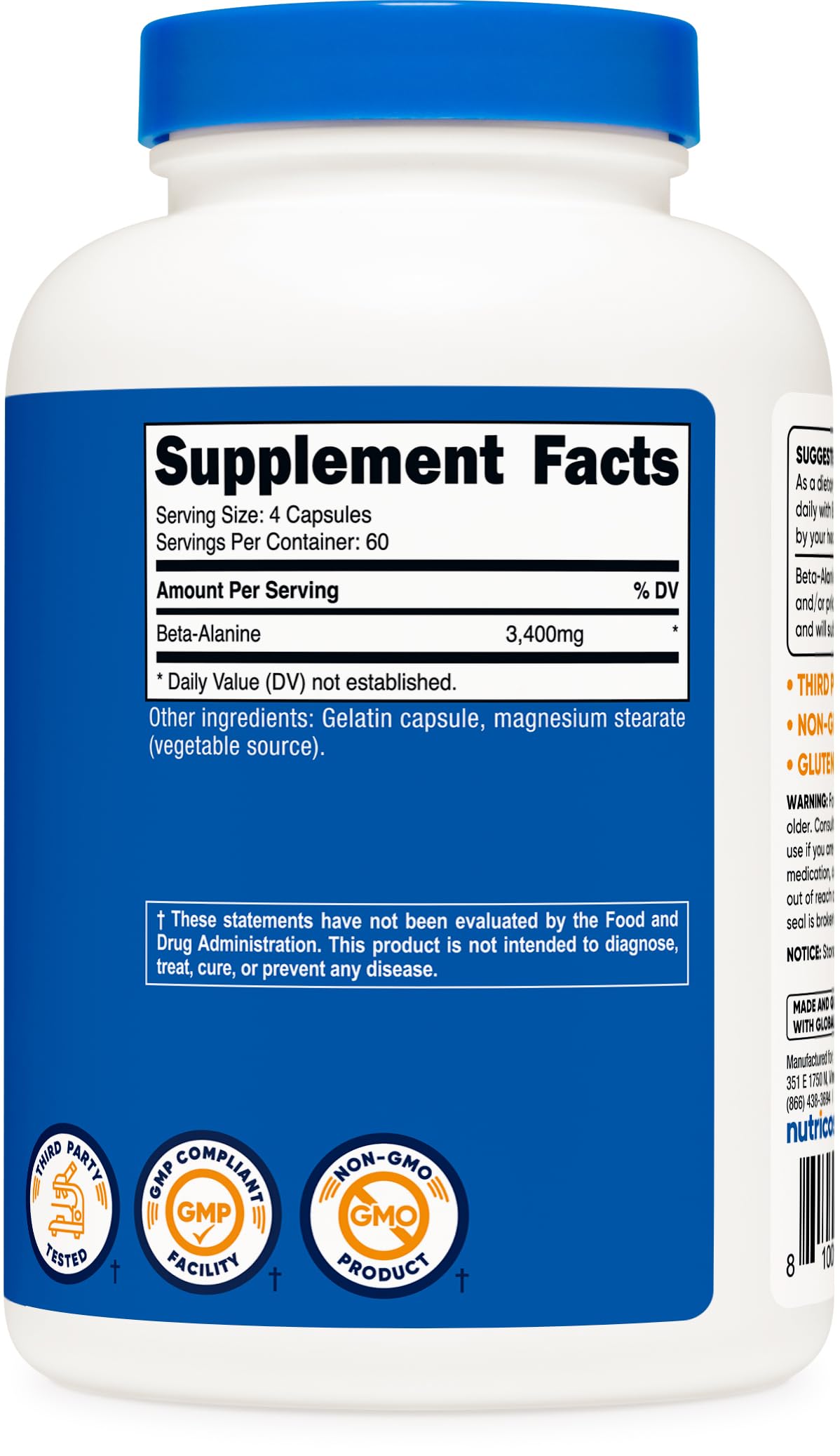 Nutricost Beta-Alanine Capsules 3400mg | 60 Servings (850mg per cap) โ Gluten Free & Non-GMO, Made in USA