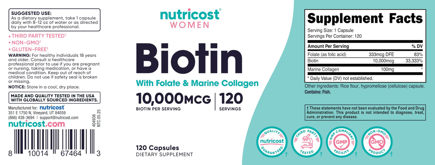 Nutricost Biotin for Women 10,000mcg โ 120 Capsules with Folate & Collagen