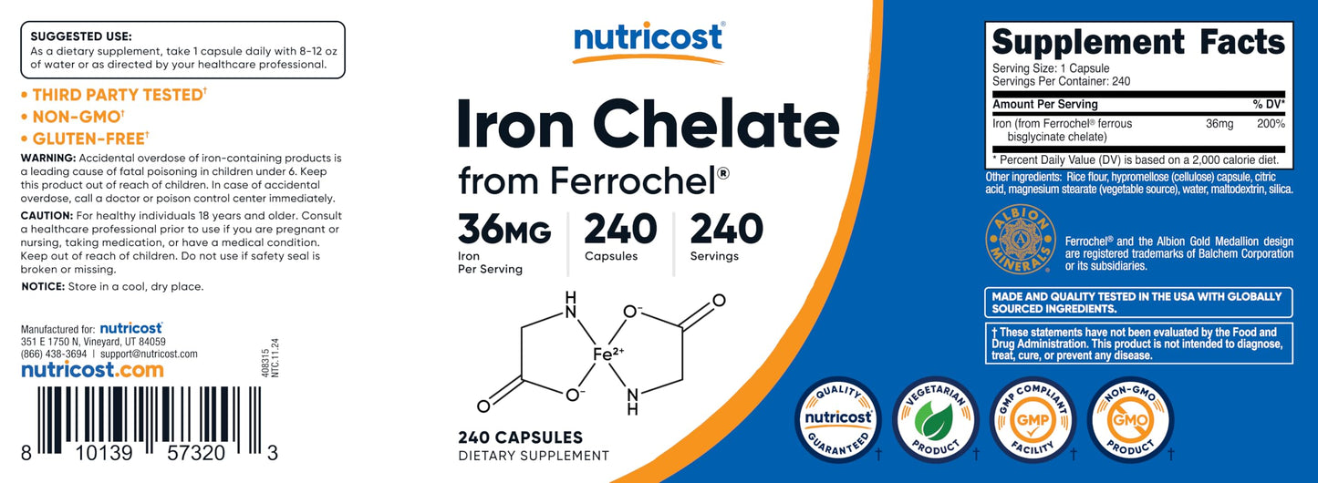 Nutricost Chelated Iron (Ferrochel) 36mg โ 240 Capsules