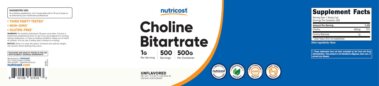 Nutricost Pure Choline Bitartrate Powder 500g โ Gluten Free & Non-GMO