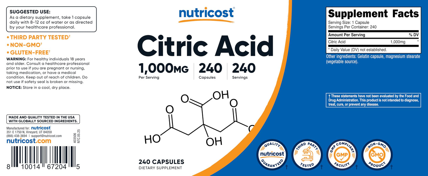 Nutricost Citric Acid 1000mg โ 240 Capsules | Gluten Free, Non-GMO