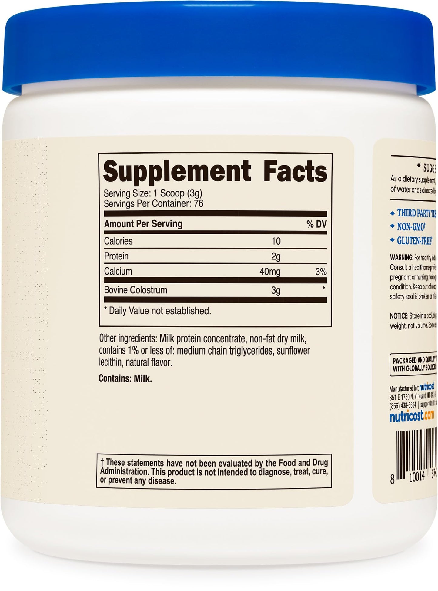 Nutricost Colostrum Powder 8 oz β 3 g per Serving, 76 Servings, 30% IgG, Lactoferrin, Non-GMO, Gluten Free
