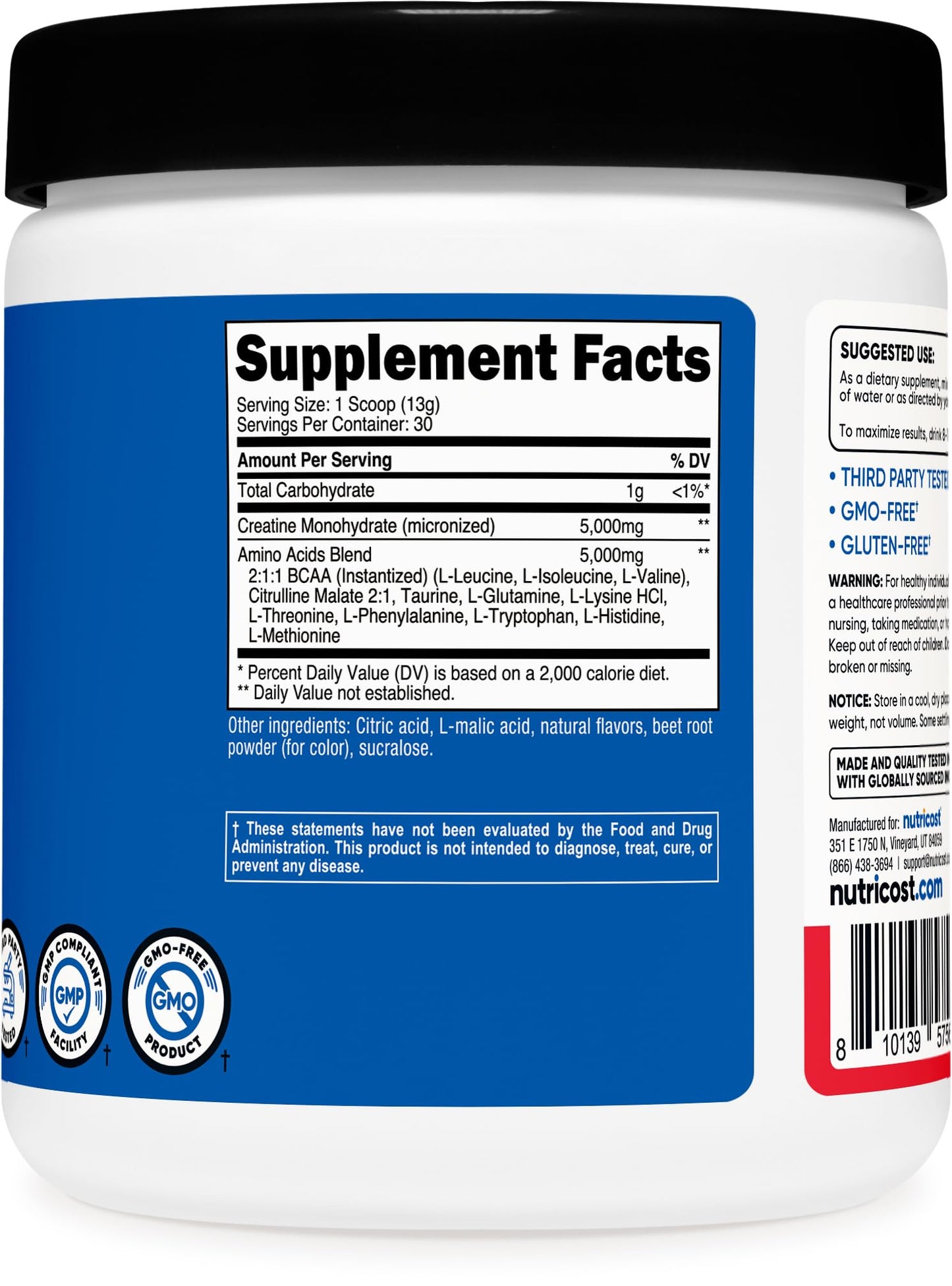 Nutricost Creatine + Aminos (30 Servings) โ Fruit Punch, 5,000 mg Creatine Monohydrate + 5,000 mg BCAA per Serving