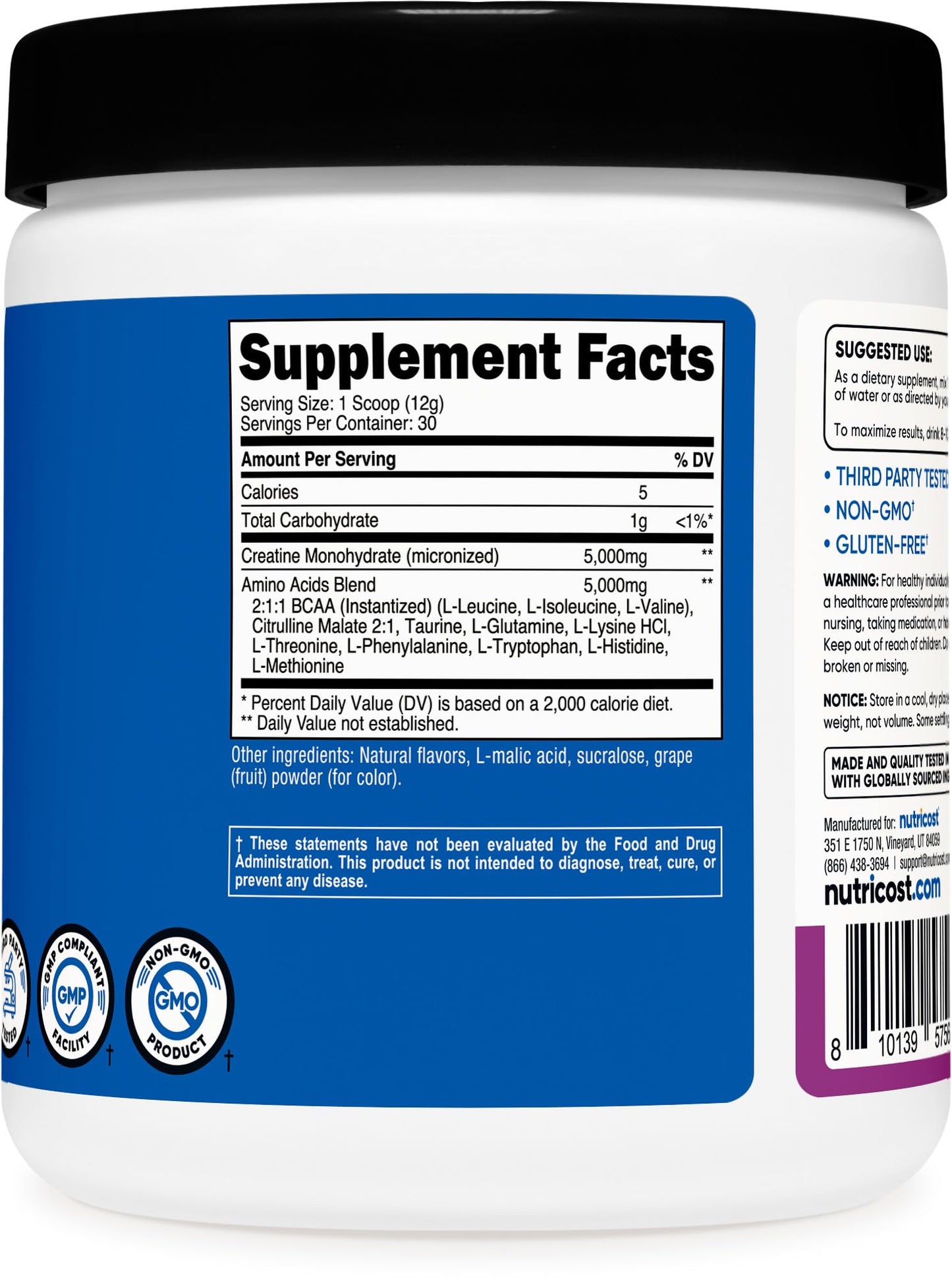 Nutricost Creatine + Aminos 30 Servings (Grape) โ 5,000mg Creatine Monohydrate + 5,000mg Amino BCAA per Serving