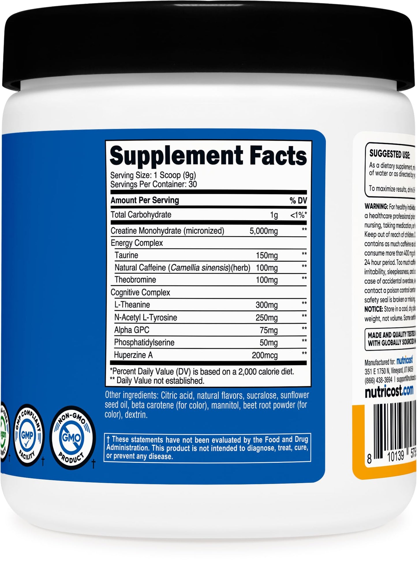 Nutricost Creatine + Energy Peach Mango โ 30 Servings (5,000mg Creatine Monohydrate + 350mg Energy)