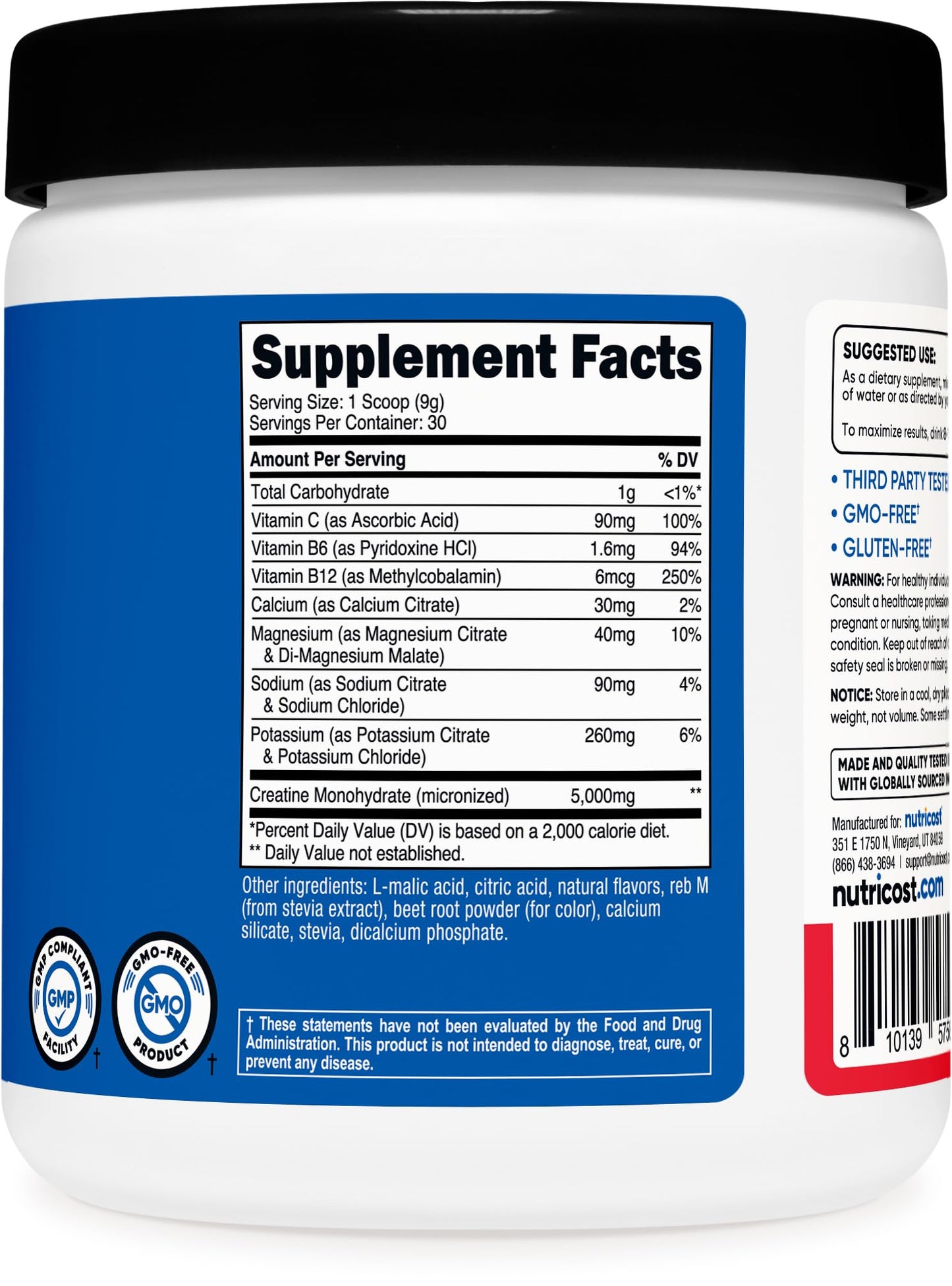 Nutricost Creatine Monohydrate + Hydration Fruit Punch (30 Servings) โ 5,000mg Creatine Per Serving, 7 Vitamins & Minerals