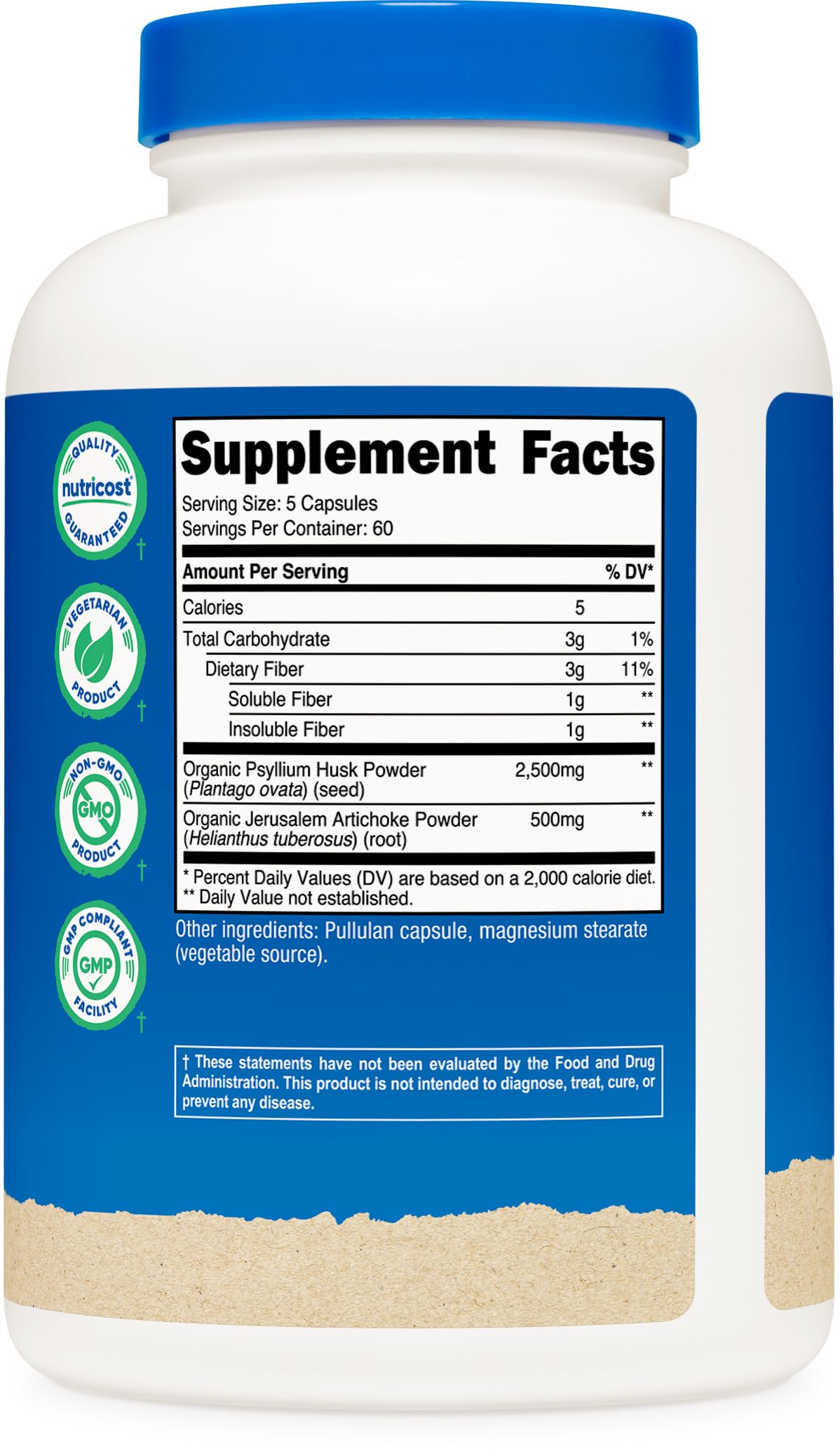 Nutricost Fiber Capsules โ Prebiotic Fiber with Organic Psyllium Husk & Organic Jerusalem Artichoke, 300 Caps, 60 Servings, Gluten Free