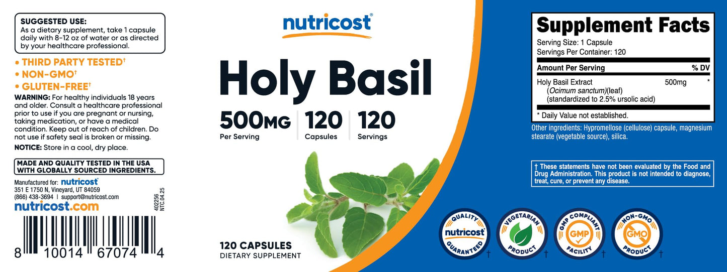 Nutricost Holy Basil Capsules 500mg โ 120 Vegetarian, Gluten Free & Non-GMO