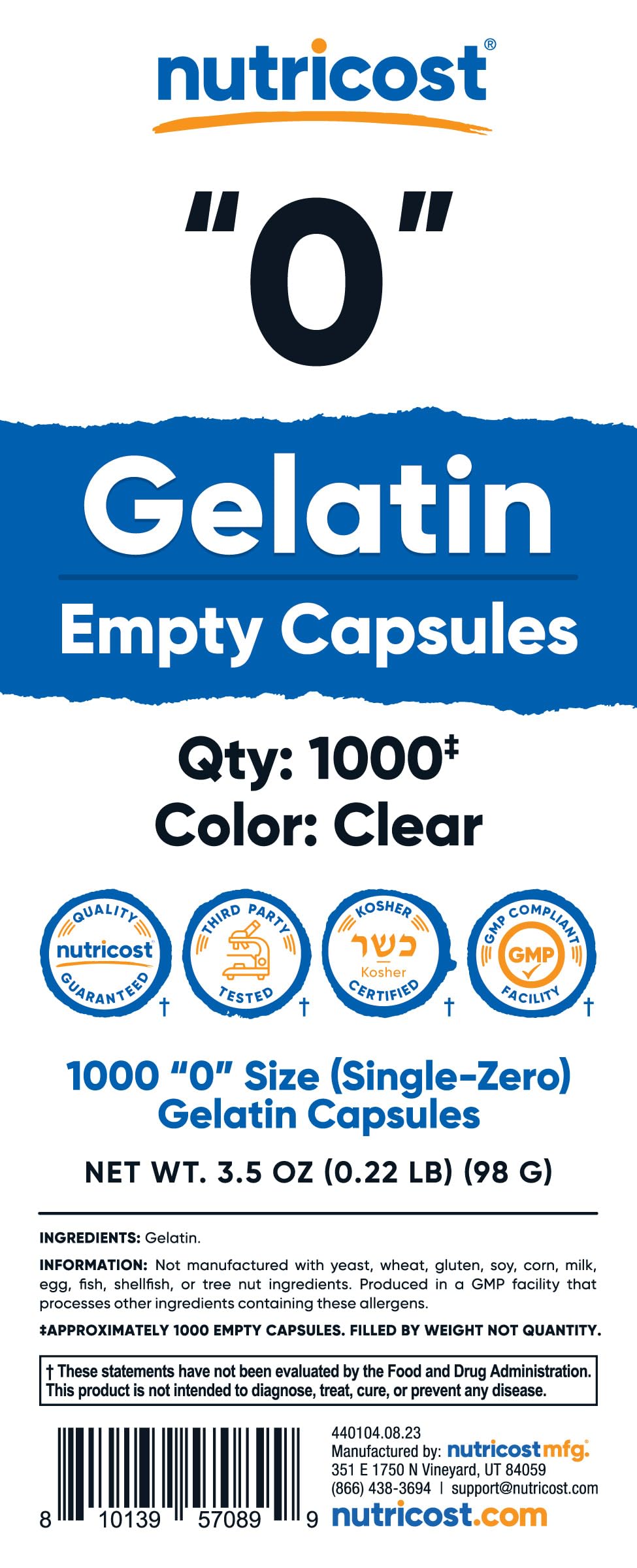 Nutricost Size 0 Empty Gelatin Capsules โ 1,000 Clear, Kosher, Non-GMO
