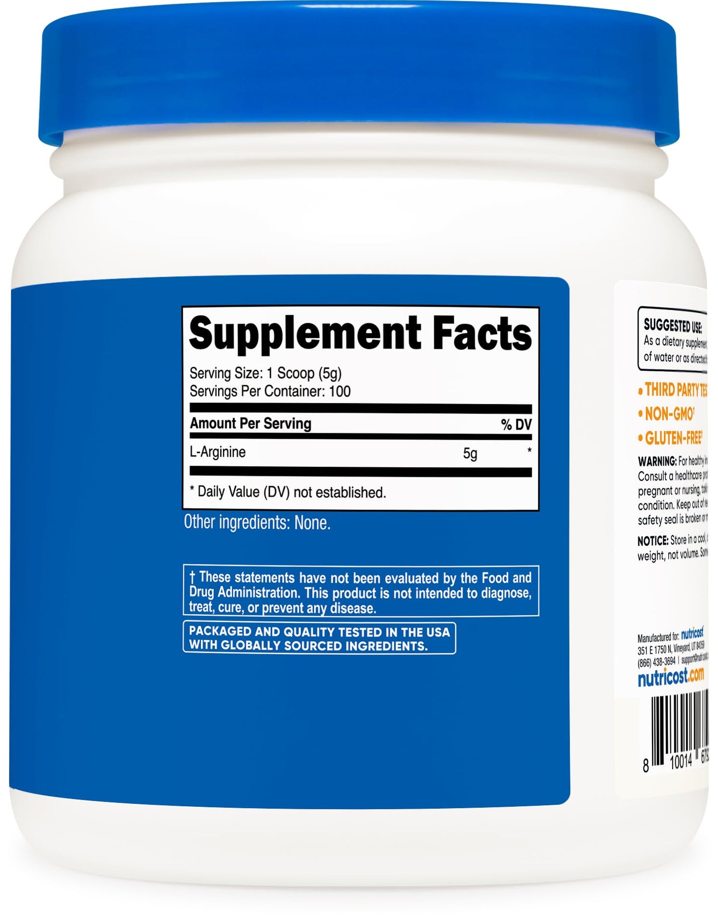 Nutricost L-Arginine Powder 500g (1.1lbs) โ 5g Per Serving, 100 Servings