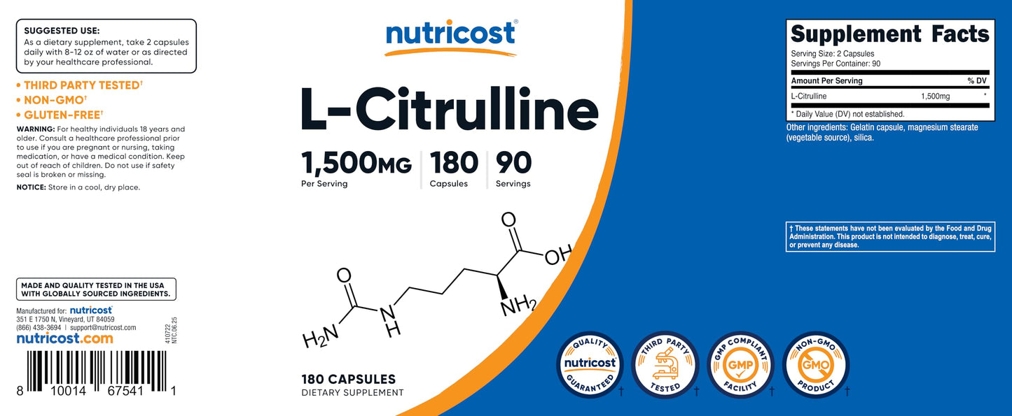 Nutricost L-Citrulline 1500mg โ 180 Capsules | 750mg/Cap | Gluten Free, Non-GMO | Packaging May Vary