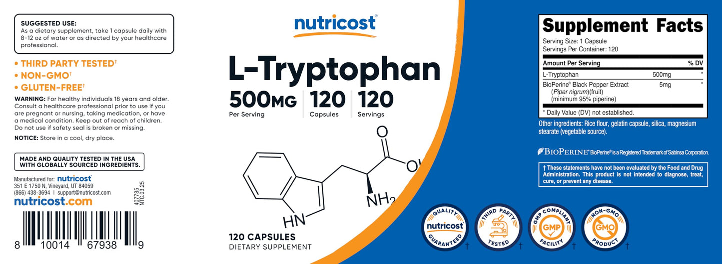 Nutricost L-Tryptophan 500mg โ 120 Capsules per Bottle, with BioPerine, Gluten Free, Non-GMO (Pack of 2)